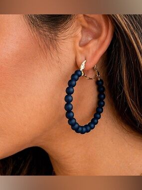 ZENZII Deep Navy Beaded Hoop Earrings Matte Blue Statement Lightweight NWT